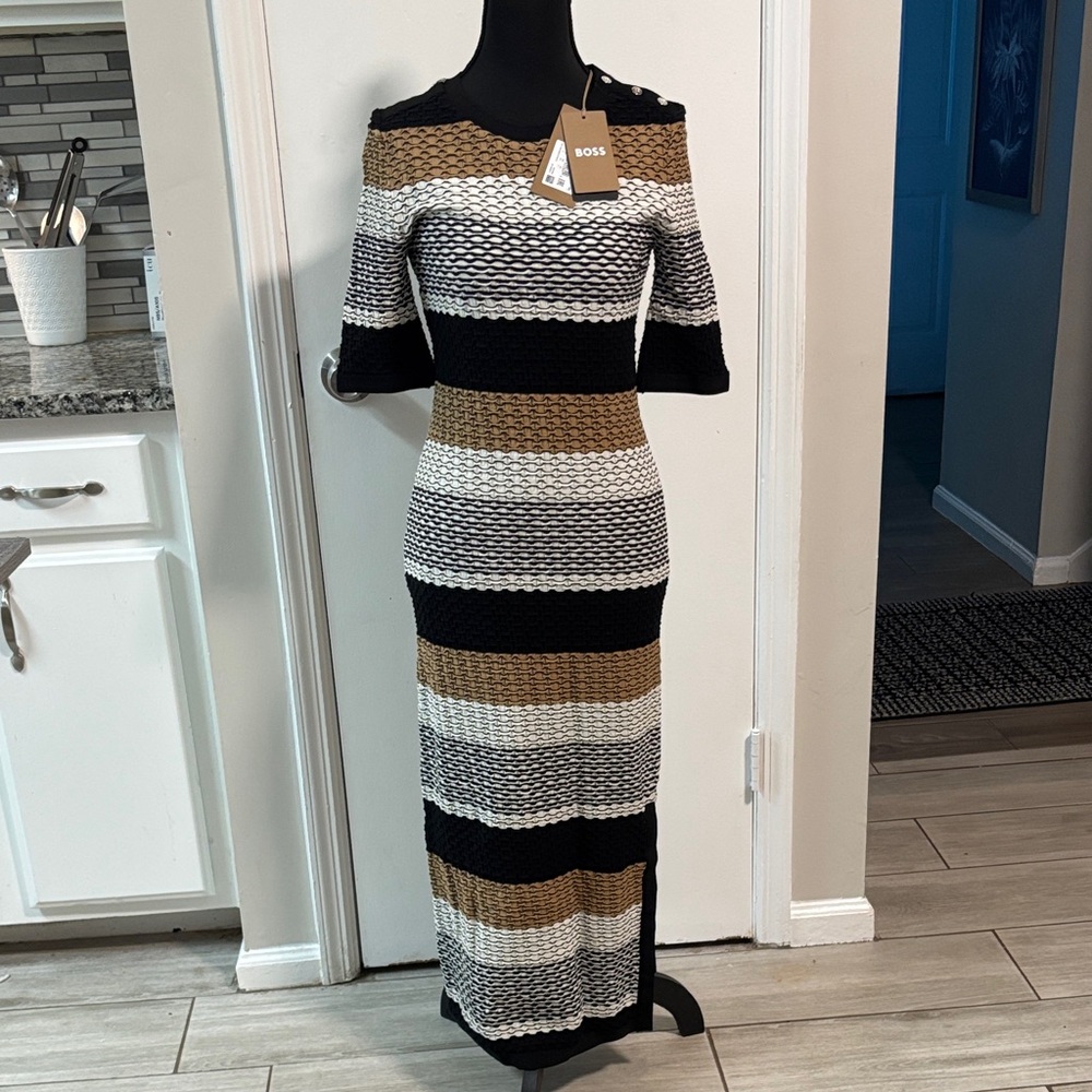 Hugo BOSS Textured Dress with Black, White, and Brown designs